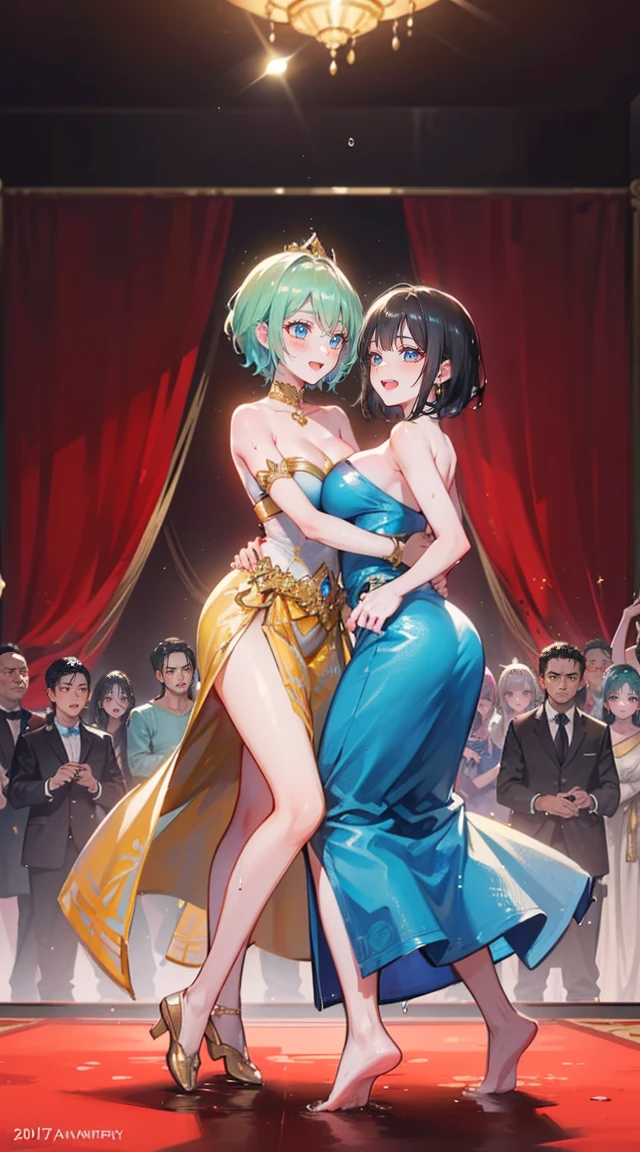 (2 young women ,beautiful woman),(20-year-old girl),smile,(light green short hair),nobility,(princess),blue student,Tall figure,((Strapless Thai dress)),low skirt,(Strapless Thai dressที่ไม่ทีสาย),lolita skirt,Show your legs,Barefoot,red carpet,prom website,(nobility),(big tits),(Various poses),Highest quality、Highest picture quality、Masterpiece,, ,(((Umbilical drive,dance,dance,Thai dance))), (There's nothing hiding the pussy.), (no panties), (very good:1.2), (shy:1.2), (wet:1.2), (feel sexually happy:1.6),