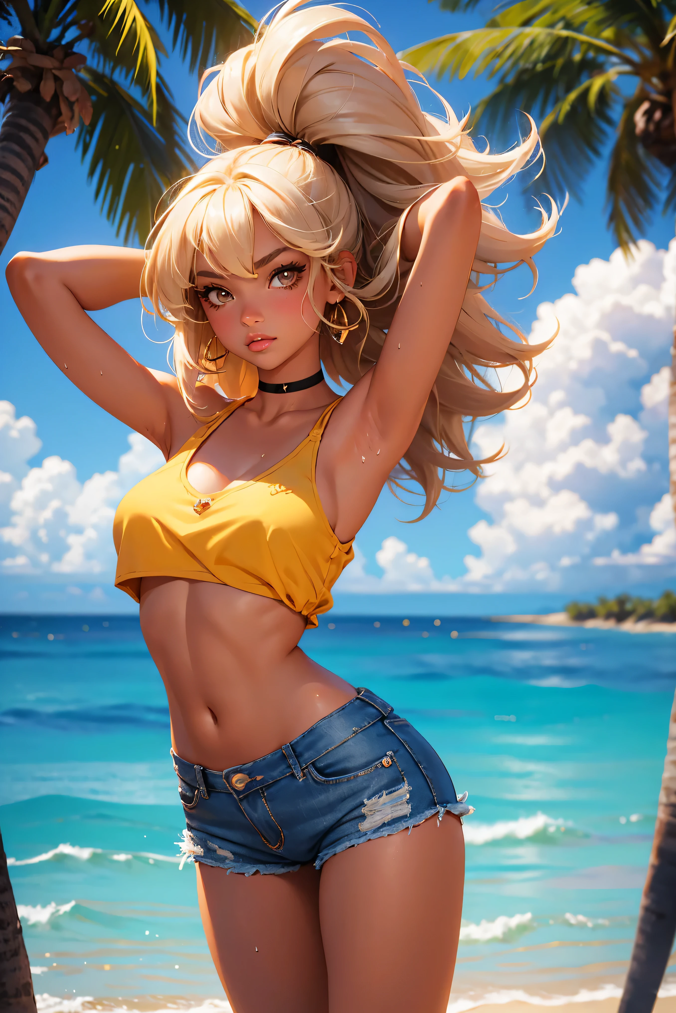 (highest quality, High resolution, perfect pixel, Depth of bounds written, 4K), (from front), beach, detailed eyes, (1 lady), tall, (skinny body:1.2) , (thin thighs:1.2), (Narrow hips), large breasts, blond hair, (ponytail:1.2), (denim short pants yellow bikini:1.2), (unbutton:1.3), (cross halter bikini), (rio cut pants), (panty strap:1.3), (hina-pose), (standing), (leaning forward), short pull , (seductive smile), blush, sweat, 