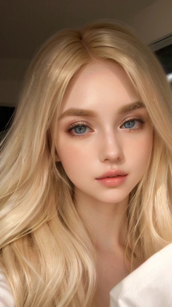 a close-up of a woman with long blonde hair and a white shirt, long blonde hair and large eyes, blonde hair and large eyes, a gorgeous blonde, longos blonde hair and large eyes, beautiful blonde girl, ava max, A girl with blonde hair, blonde girl, blonde and attractive features, blonde swedish woman, pale and glowing skin, very light blonde hair