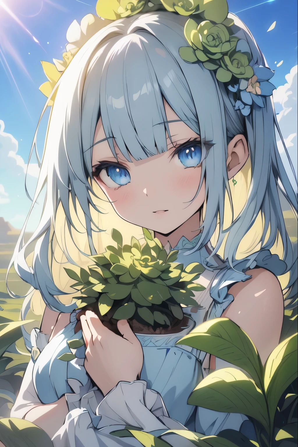 fantasy character,  with long straight bangs hair, large flower blooming on head, large blue eyes, green succulent plant dress, 3D digital art, hyper realistic, soft lighting, dreamy atmosphere, highly detailed, desert background, lens flare, Anime style digital art, Anime Art Wallpaper 4k, Anime Art Wallpaper, Digital anime art, Highly detailed art gems