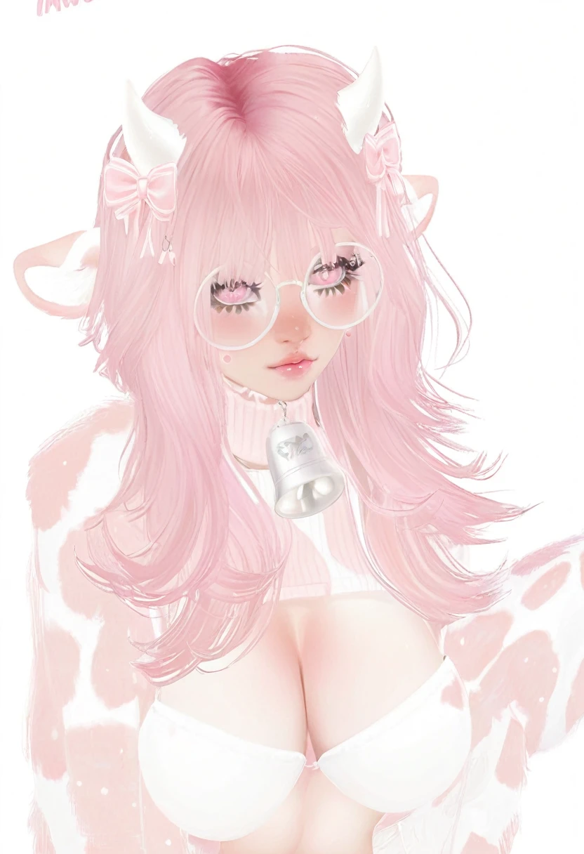 IMVU, pink hair, pink heart eyes, white round glasses, pale skin, white and pink cow ears, white horns with pink bows, fuzzy white jacket with pink spots, pink cowbell choker, kawaii, soft, high quality, masterpiece, 8k