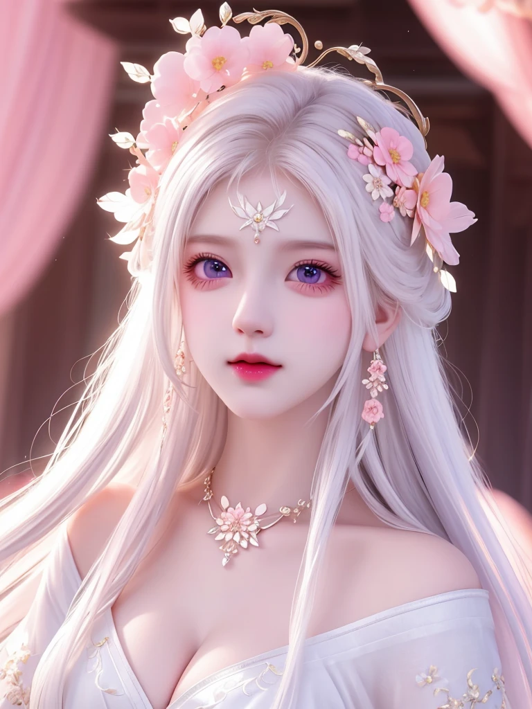 best quality, masterpiece, High target, There is a girl with a basket of flowers on her head, Big breast beauty,Very sexy,beautiful clothes, Hair Decorationss, necklace, Decorations, Pretty Face, When the body, Tyndall effect, Realistic Portraits, Edge lighting, Two-color light, (Very delicate skin:1.2), 8K uhd, Digital SLR Camera, Soft Light, high quality, Volumetric Lighting, Honest, photo, high resolution, 4K, 8K, Bokeh, Pure white hair,Pink Eyes.