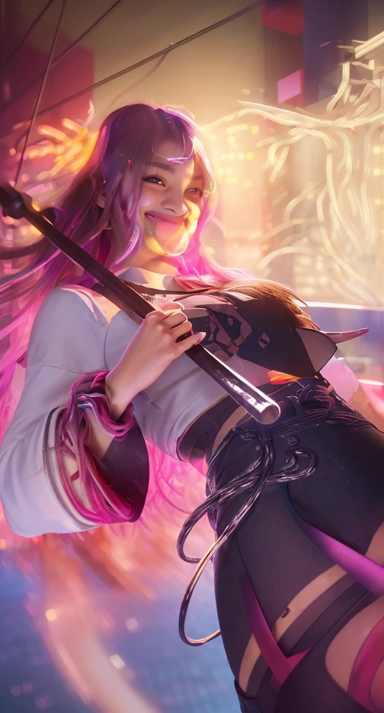 (masterpiece), best quality, ultra high res, close up, slim body, 1girl,, long hair, laughing, ramen, night, Tokyo restaurant background, colorful lights, photon mapping, radiosity, physically-based rendering, cinematic lighting, intricate, High Detail, Sharp focus, dramatic, photorealistic  