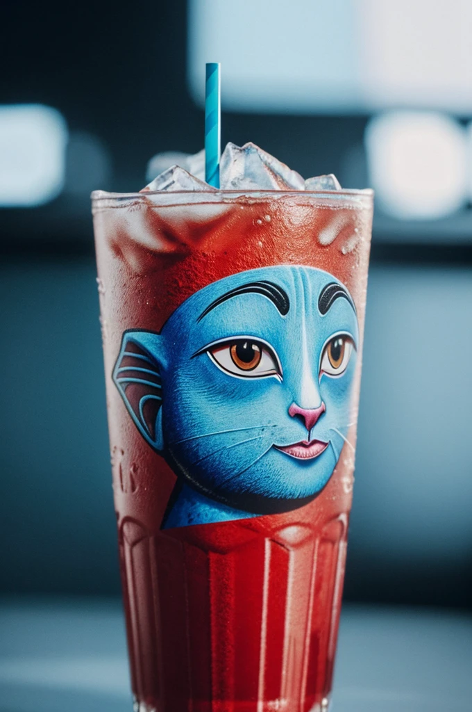 Rich in details，Highest image quality，4K，Texture，Please help me get a picture of a cartoon image on an iced cola.，The background is stage-like，For example, the Sphinx cat face with black and white face and blue eyes is on a red ice cola.，Dance on stage