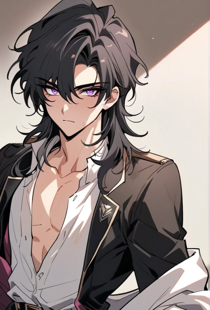 a pretty Man, He has dark gray hair with a hint of black at the ends of his hair, then he has mixed blue and pink eyes, He was wearing an academy. Manhwa style.