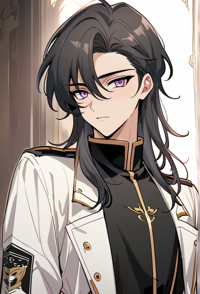 a pretty Man, He has dark gray hair with a hint of black at the ends of his hair, then he has mixed blue and pink eyes, He was wearing an academy. Manhwa style.