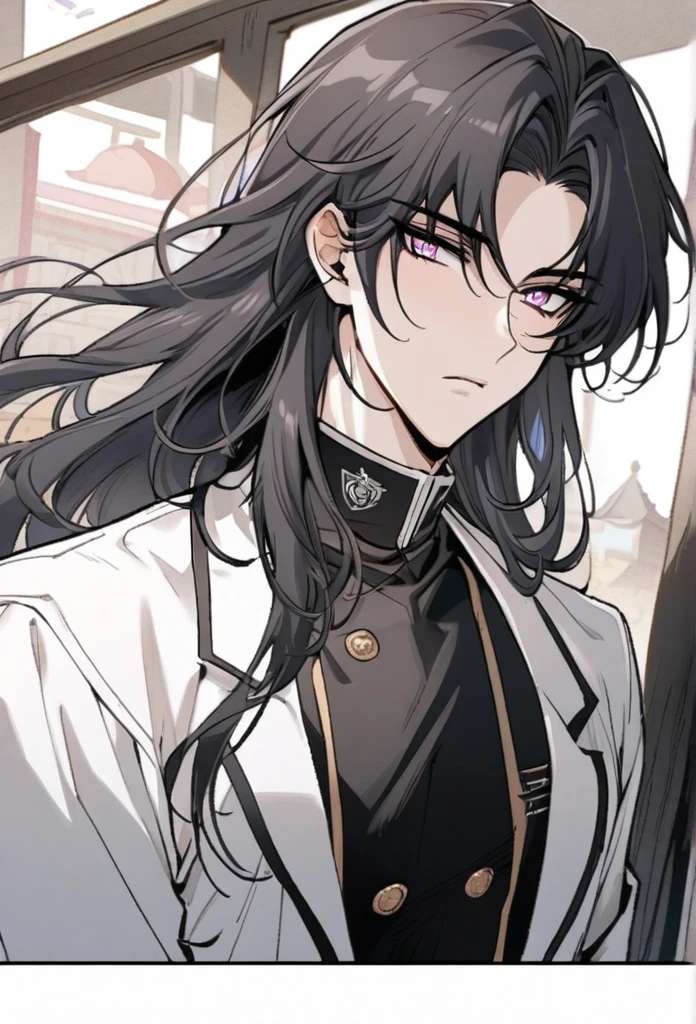 a pretty Man, He has dark gray hair with a hint of black at the ends of his hair, then he has mixed blue and pink eyes, He was wearing an academy. Manhwa style.