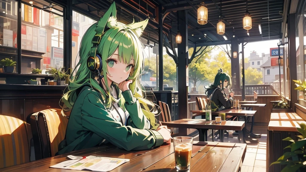 Girl wearing headphones。Green Hair。Relaxing at a cafe