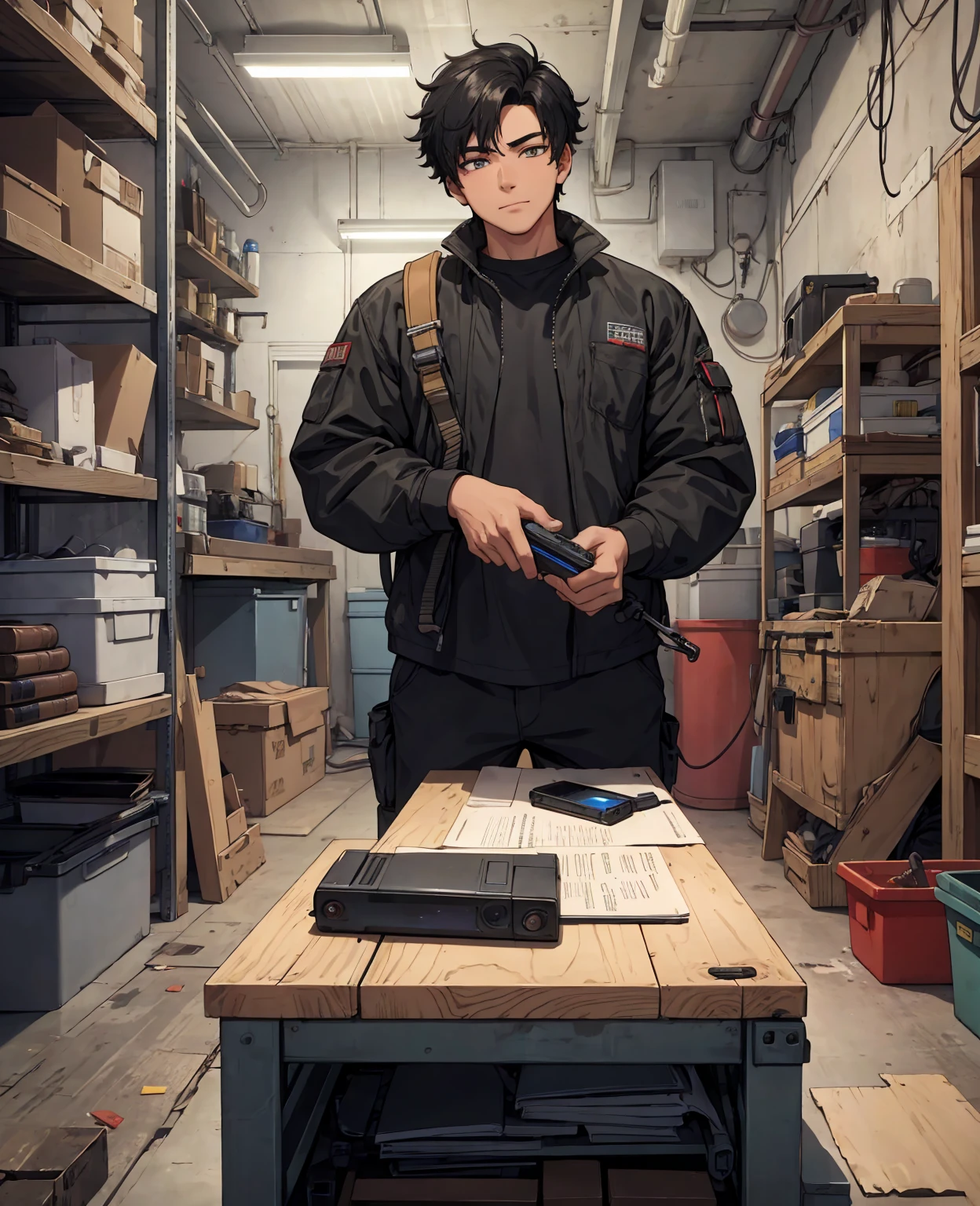 Absurd resolution, high resolution, (masterpiece: 1.4), hyper-detail, young man's messy short black hair, welder dressed up, factory high-tech workbench, tech-sense screen