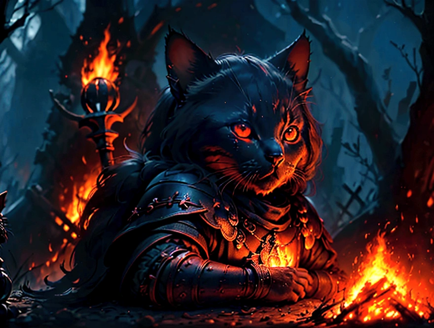 junkotvv pelo negro y largo con orejas de gato y ojos rojos a warrior resting in bonfire, high quality, masterpiece, dark theme, dark souls theme,