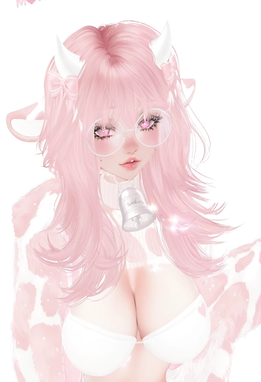 IMVU, pink hair, pink heart eyes, white round glasses, pale skin, white and pink cow ears, white horns with pink bows, fuzzy white jacket with pink spots, pink cowbell choker, kawaii, soft, high quality, masterpiece, 8k