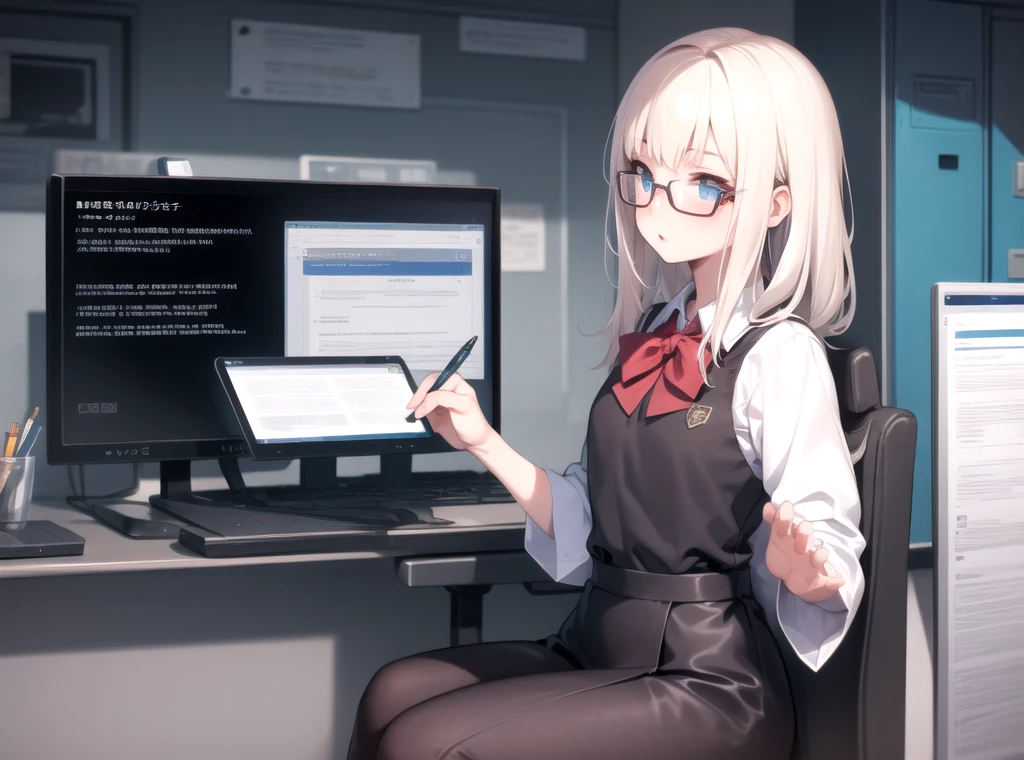 high resolution　1 person　School　machine　pen　Note　Looking ahead　Glasses　I'm thinking