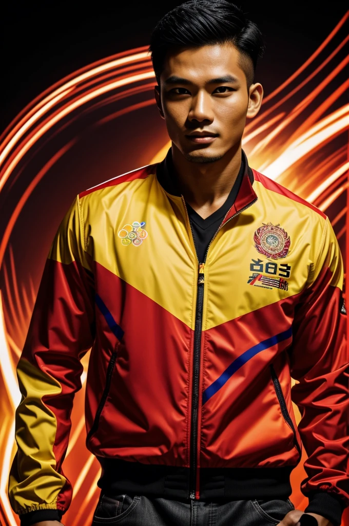 A picture of a handsome Malaysian man facing the camera wearing a colorful Olympic-themed jacket with an abstract design in red, yellow, black, and white that depicts the movement of energy like stripes on a tiger's body. The jacket must have the Olympic circle emblem. On a black background with golden light. The whole picture exudes a sense of passion