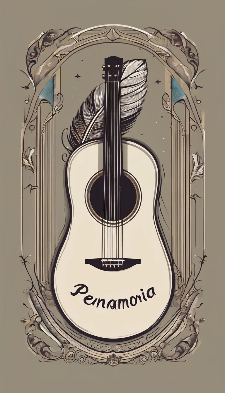 A minimal, modern, simple, cinematic logotype for the brand “Penamemoria". The logotype must be a simple, magical feather and a boy playing acoustic guitar. The logo must convey a sense of music, stories and dreams. Logo design impressed on a book cover. Minimalistic logo