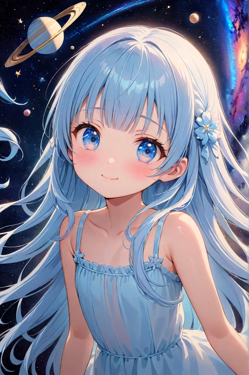 masterpiece, best quality, extremely detailed, (illustration, official art:1.1), 1 girl ,(((( light blue long hair)))),pale blue hair,loli, long hair ((blush)) , cute face, big eyes, masterpiece, best quality,(((((a very delicate and beautiful girl))))),Amazing,beautiful detailed eyes,blunt bangs((((little delicate girl)))),tareme(true beautiful:1.2), sense of depth,dynamic angle,,,, affectionate smile, (true beautiful:1.2),,(tiny 1girl model:1.2),)(flat chest)、High detail, super detail, super high resolution, girl enjoying her time in the dream galaxy, surrounded by stars, warm light sprinkled on her, background is starry sky with colorful galaxies and galaxy clouds, stars flying around her, delicate face, adding playful atmosphere , --v6
