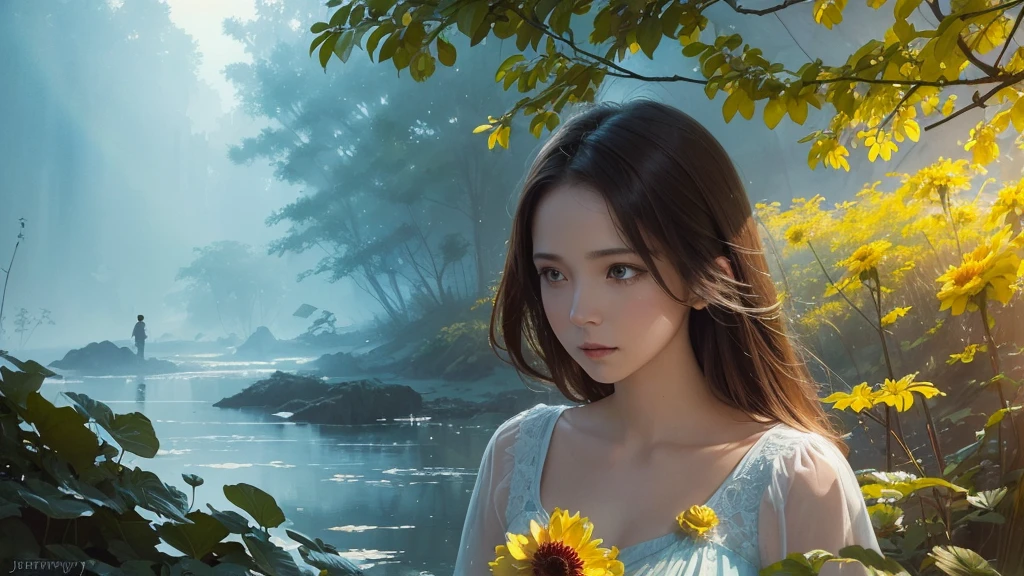 32k, Masterpiece, Highest quality, One girl, Brown Hair, Detailed eyes, flower,Dahlia, Light blue and yellow style,A dreamy, romantic piece,Pale yellow, Mysterious Leaves,A playful arrangement,Fantasy,High Contrast,Ink strokes,explosion,Exposure, Impression of light blue and yellow tones,Abstract,((Watercolours by John Berkey and Jeremy Mann )) Brush strokes,Negative Space, Tyndall effect,