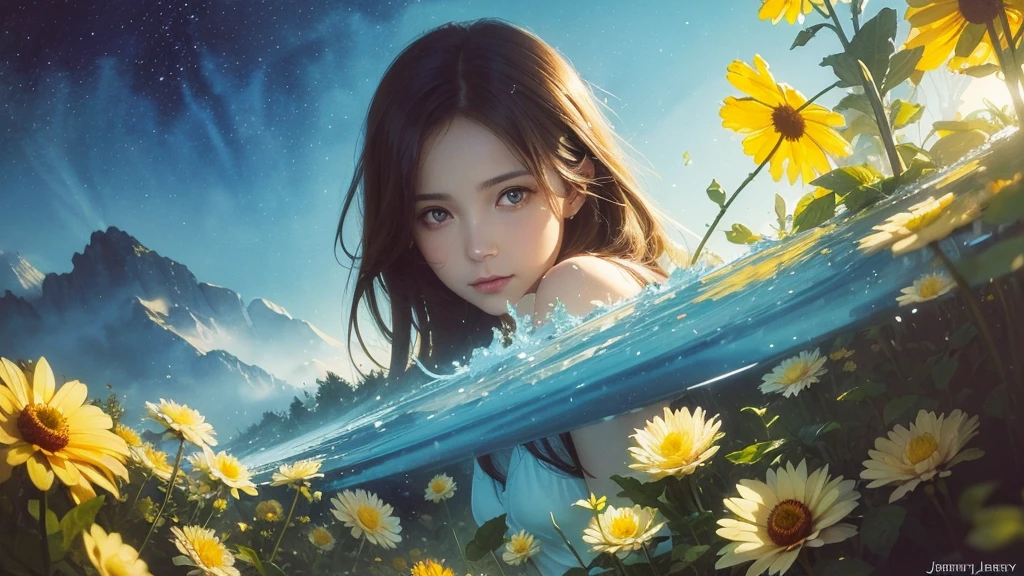 32k, Masterpiece, Highest quality, One girl, Brown Hair, Detailed eyes, flower,Dahlia, Light blue and yellow style,A dreamy, romantic piece,Pale yellow, Mysterious Leaves,A playful arrangement,Fantasy,High Contrast,Ink strokes,explosion,Exposure, Impression of light blue and yellow tones,Abstract,((Watercolours by John Berkey and Jeremy Mann )) Brush strokes,Negative Space, Tyndall effect,