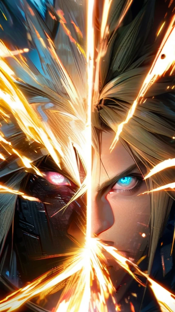 Symetrical,absurdres, highres, ultra detailed, HDR, masterpiece, extremely detailed face and eyes, Cloud Strife,final fantasy 7, yellow hair , , solo, man, handsome, ,, ,Epic fight scene, yellow lightning effect, glowing glitters, symetrical , 
