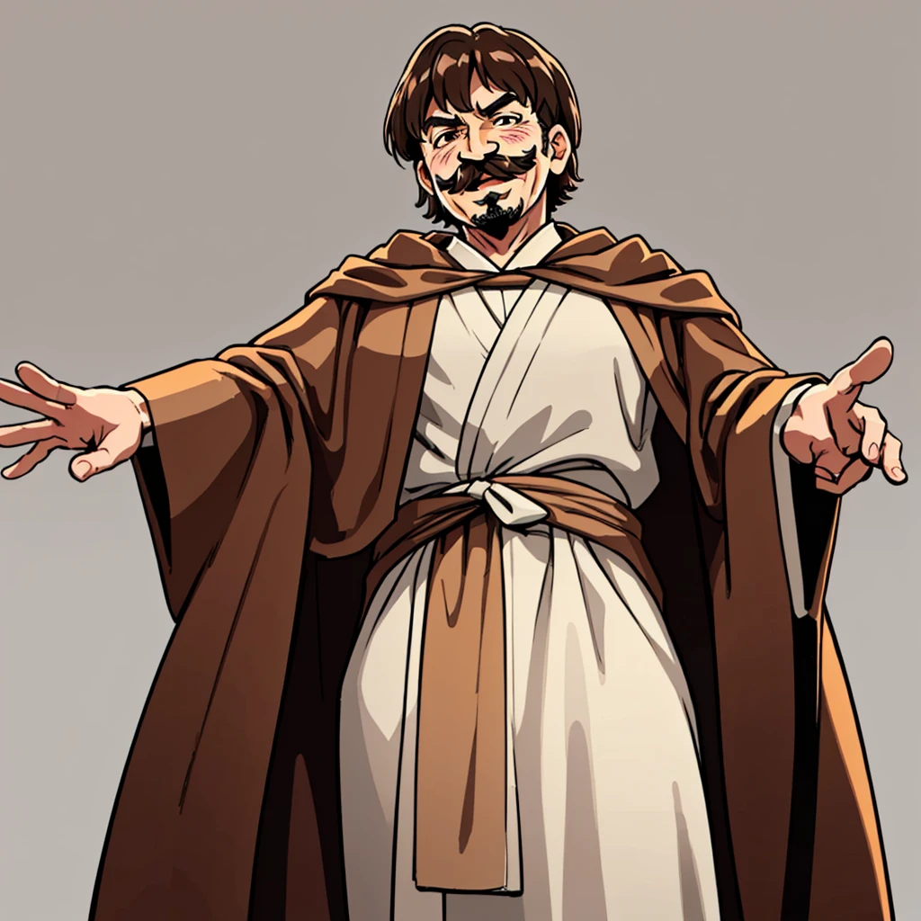 ((((Solo))))、Highest quality, Best Quality,Best illustrationiddle ages、(((Simple brown robe)))、(40-year-old uncle、mature、Kaiser moustache)、(evil laughter)、dance、(From below)