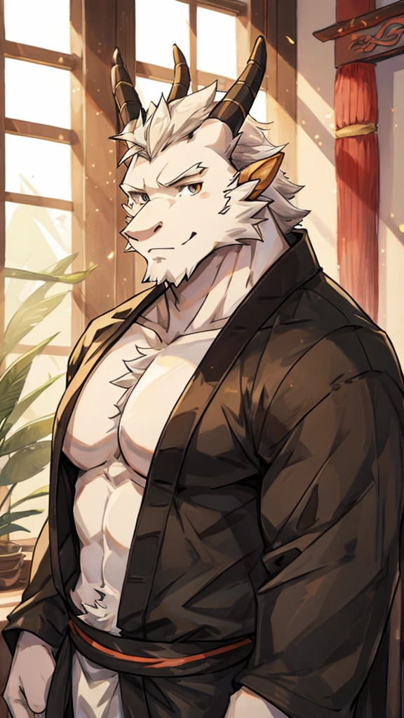 (white eastern dragon),furry,white mustache,big pecs,hearty males,muscular,black imperial robe,adult,traditional_chinese_room,head portrait