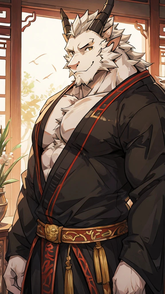 (white eastern dragon),furry,white mustache,big pecs,hearty males,muscular,black imperial robe,adult,traditional_chinese_room，head portrait