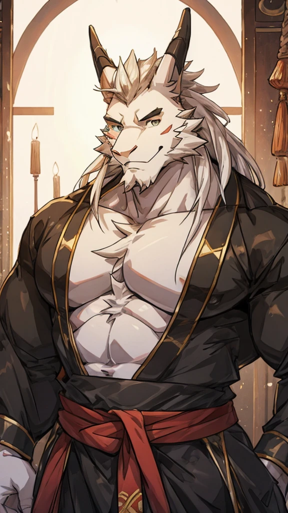 Male werewolf , Open Japanese kimono , Fully exposed erect crotch , Long white hair , Black body , White belly , White Face , Bright lakeside , Gentle eyes gazing into the distance