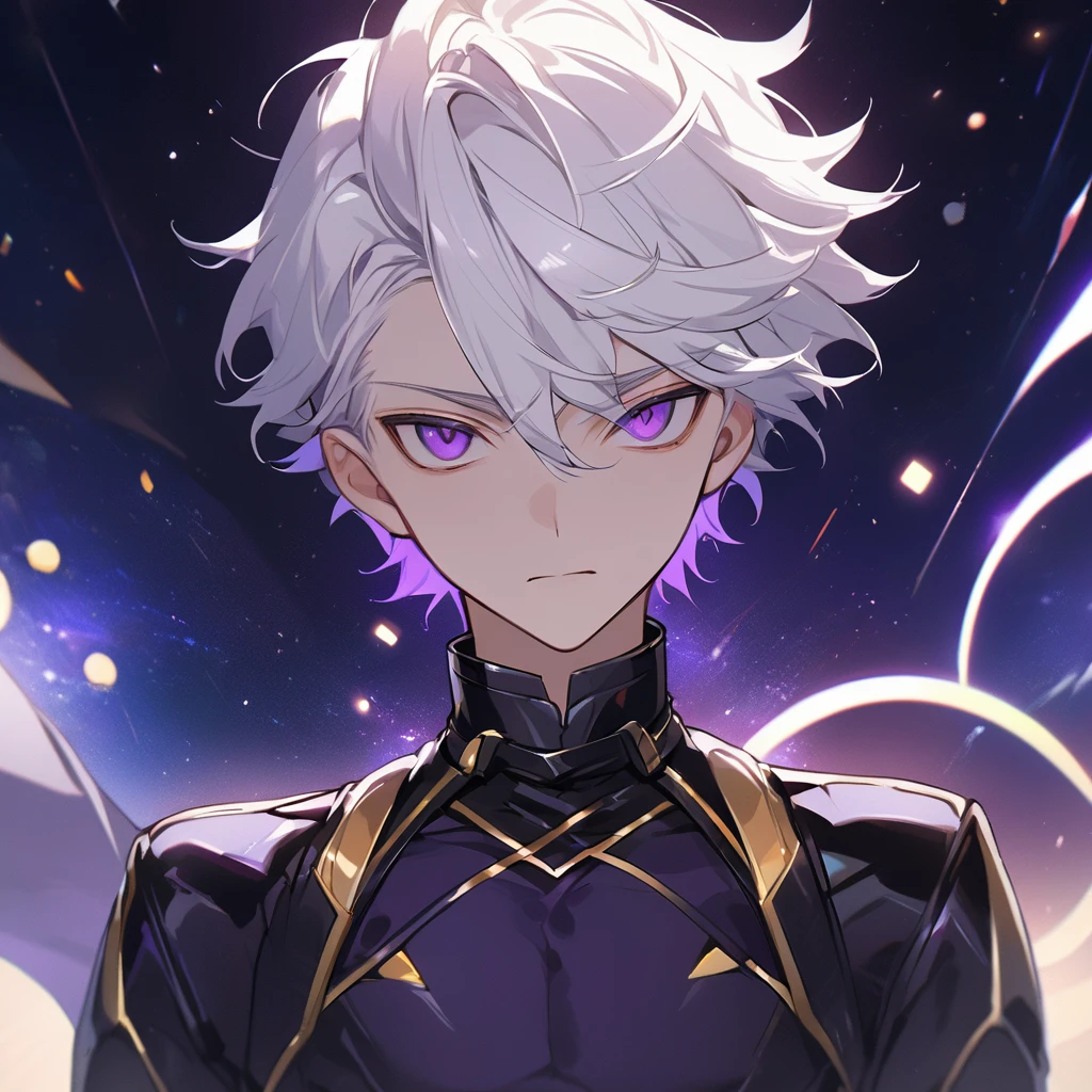 High quality, HD, 4k, no shadows, handsome male, 1male, , teenager, go lining, short white hair, sharp eyes, dark purple eyes, deep purple eyes, devil may cry, close up, calm expression, stoic expression, black leather clothes, lean body, well trained body, upper body, looking at viewer, cowboy shot, white solar, space background