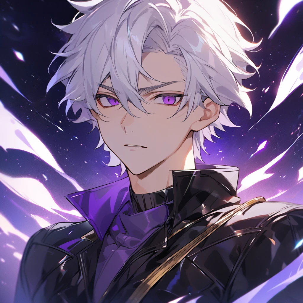 High quality, HD, 4k, no shadows, handsome male, 1male, 17 years old, teenager, golden lining, short white hair, sharp eyes, dark purple eyes, deep purple eyes, devil may cry, close up, calm expression, stoic expression, black leather clothes, lean body, well trained body, upper body, looking at viewer, cowboy shot, white solar, space background