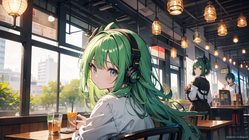 Girl wearing headphones。Green Hair。Relaxing at a cafe