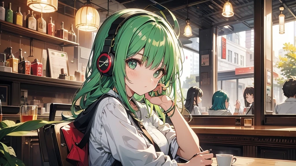 Girl wearing headphones。Green Hair。Relaxing at a cafe