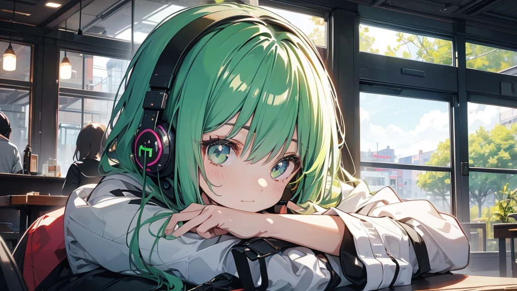 Girl wearing headphones。Green Hair。Relaxing at a cafe