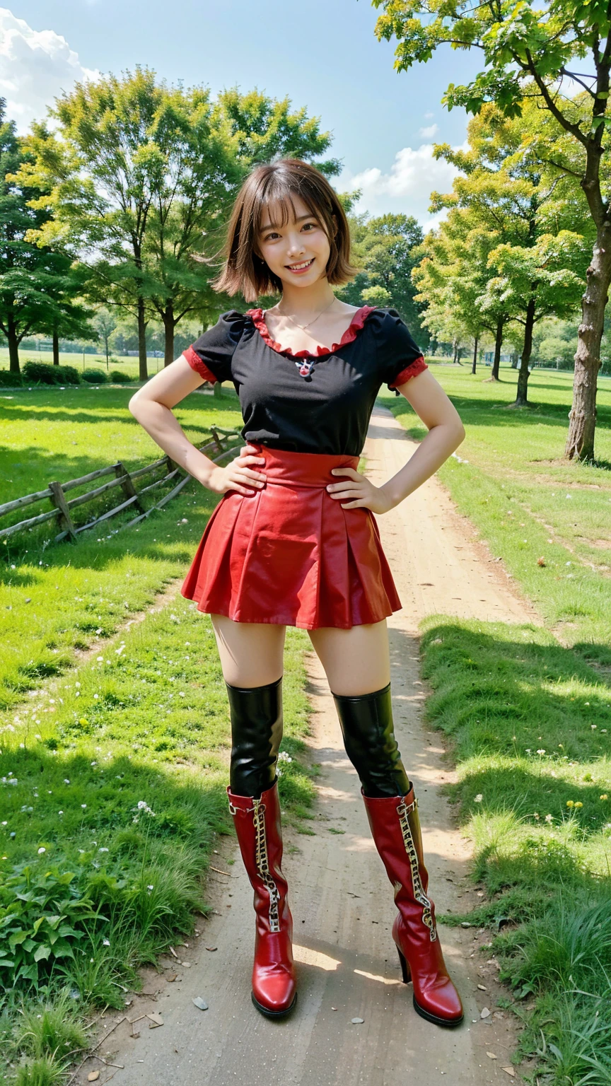 (8K、RAW Photos、Highest quality、masterpiece:1.2)、(Realistic、Realistic)、1 Girl、((red and black mini skirt、one piece、smile、boots、chest emphasis、whole body、garden、View from the front、Looking into the camera、Stand with your hands on your hips))、