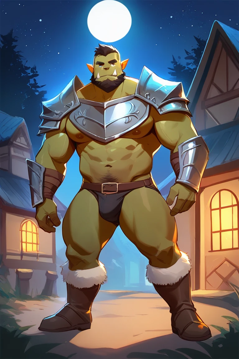 score_9, score_8_up, score_7_up, solo, male focus, bulk male, orc, green skin, tusks, beard, outdoors, micro armor , shoulder armor, breastplate, upper body, closed mouth, pauldrons, night, night sky, standing , boots , shirtless , (black briefs) , full body , black boots , massive ass , laying , spread legs