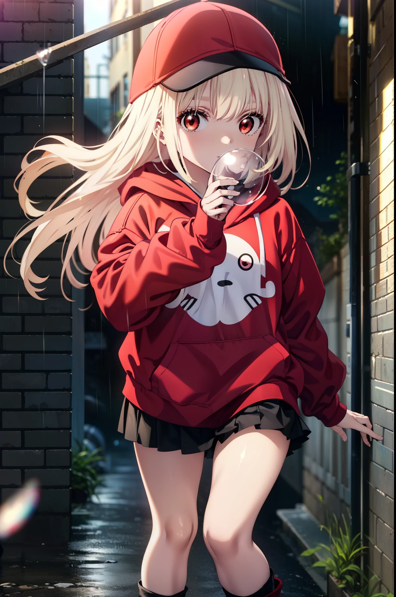 , Chisato Nishikigi, length, bangs, blonde, (Red eyes:1.5), Baseball cap,Oversized red hoodie,mini skirt,Black knee socks,short boots,Standing leaning against a wall,rain,cloudy,Hide under the roof,whole bodyがイラストに入るように,Blowing bubble gum,
break outdoors, alley,
break looking at viewer, whole body,
break (masterpiece:1.2), Highest quality, High resolution, unity 8k wallpaper, (shape:0.8), (Beautiful attention to detail:1.6), extレムely detailed face, Perfect lighting, extレムely detailed CG, (Perfect hands, Perfect Anatomy),