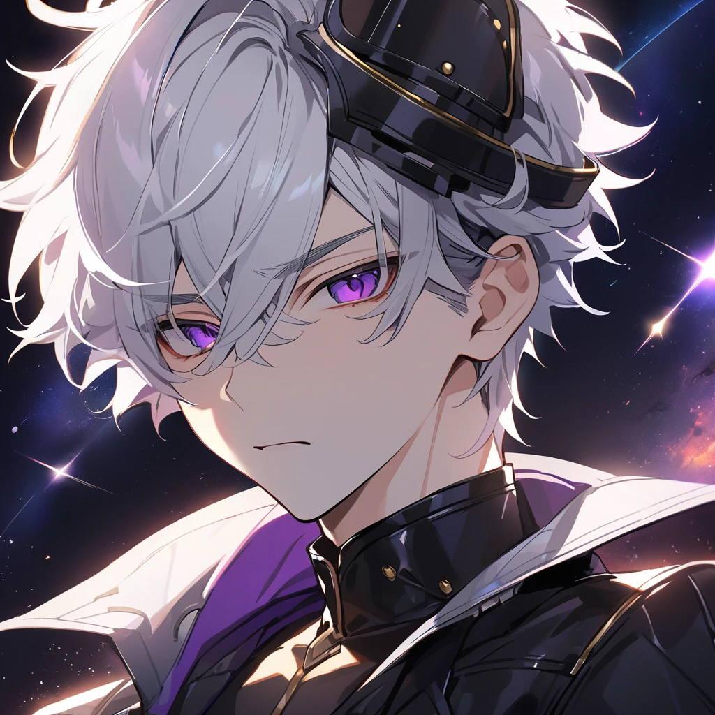 High quality, HD, 4k, no shadows, handsome male, 1male, 17 years old, teenager, golden lining, short white hair, sharp eyes, dark purple eyes, deep purple eyes, devil may cry, close up, calm expression, stoic expression, black leather clothes, lean body, well trained body, upper body, looking at viewer, cowboy shot, white solar, space background