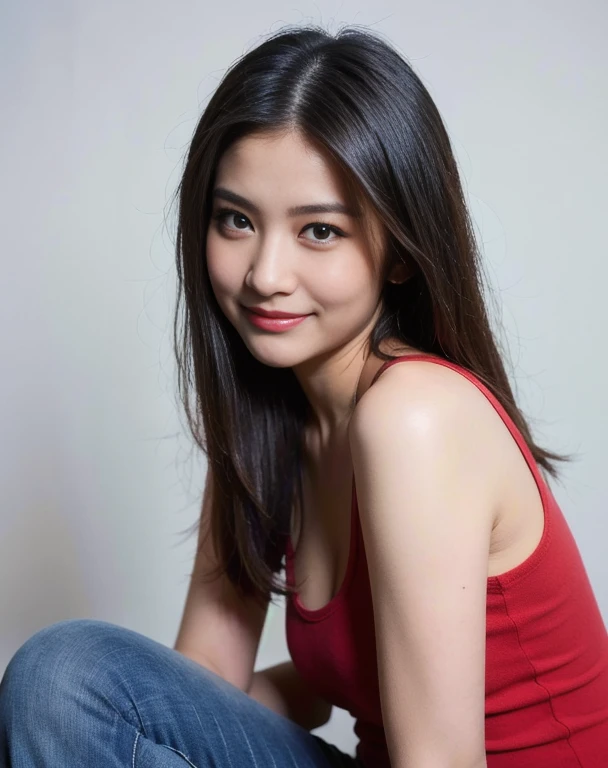 (​masterpiece:1.3), 8K, Photorealsitic, Raw photography, (Top image quality:1.4), asian high school girls, (black long straight hairs:1.2), (cleavage of the breast:0.8), Super Detail Face, (sharp focus:1.2), (pretty woman:1.4), top-quality,​ masterpiece, A high resolution, (Photorealsitic:1.4), Highly detailed and professional lighting, wearing a red shirt off shoulders on the top and wearing short jeans at the bottom, slender, serious facial expression, rules of third, 1 person, pretty eyes, pretty smile, sexy pose, medium shot, flat white background at studio
