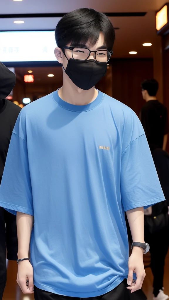 18 year old Shanghai boy, he is ((oversized xxl blue plain T shirt)), wearing black pants, wearing sneakers, wearing glasses, night club, whole body, (he is 한국 머리카락입니다)  k pop style, black mask