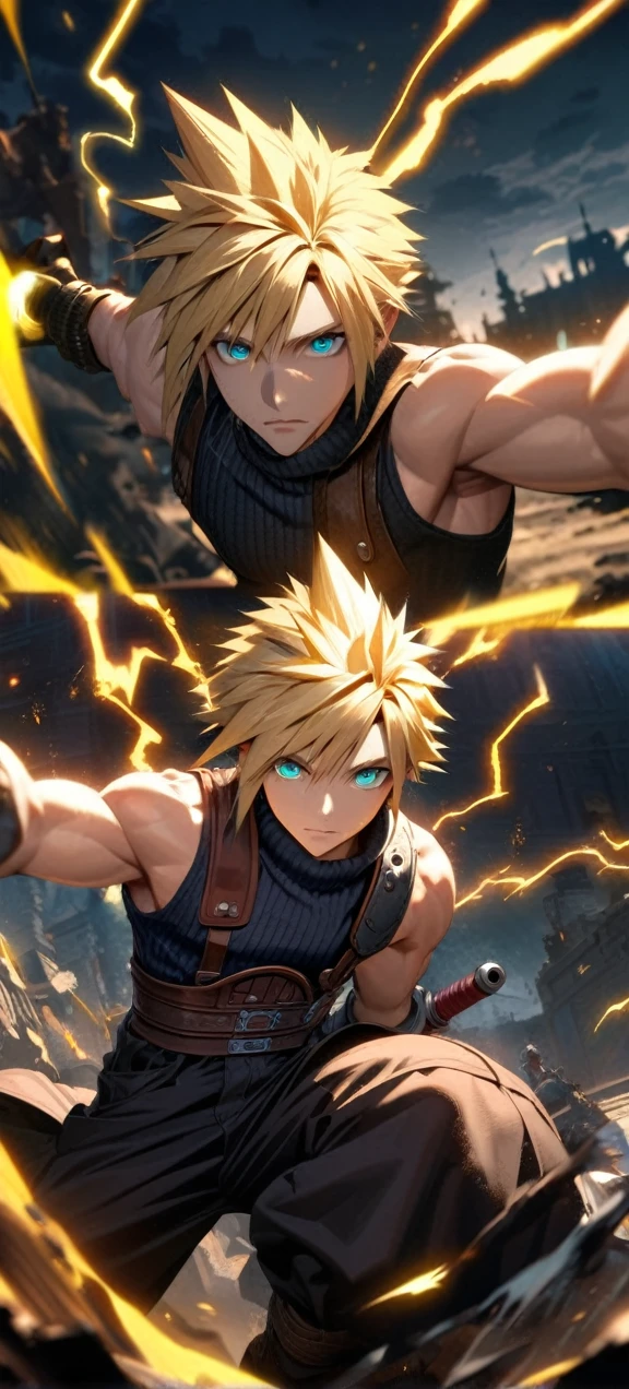 Symetrical,absurdres, highres, ultra detailed, HDR, masterpiece, extremely detailed face and eyes, Cloud Strife,final fantasy 7, yellow hair , , solo, man, handsome, ,, ,Epic fight scene, yellow lightning effect, glowing glitters, symetrical ,