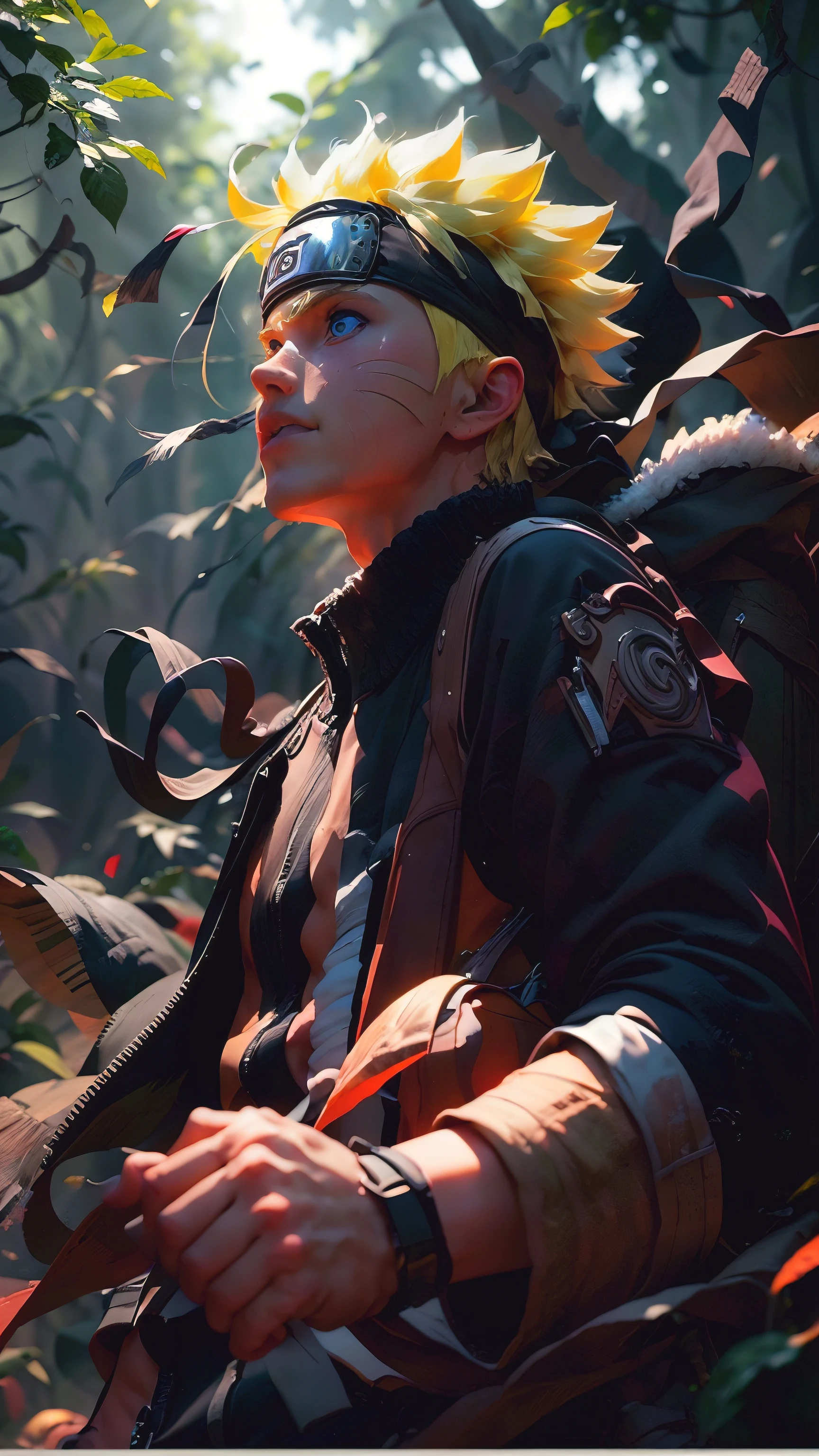 (best quality), (masterpiece), ultra-detailed, 1boy, uzumaki naruto, epic pose, action, particle effects, long sleeve, emphasis lines, movement lines, full body of naruto uzumaki, masterpiece, best quality, full detailed, 1boy, handsome, male, looking at viewer, naruto, Detailed blue eye,yellow hair, konoha realistic detail leaf headband, eye realistic, realistic eye brow, nose realistic, mouth realistic,skin realistic, face realistic, head realistic, body realistic, background art cinematic, backpack, big eye sharp, photorealistic, photoshoot, only three line in face, naruto uzumaki dress code. electricity , aura, conbat in the forest vs samurai 1.4 , combat in the forest bamboo