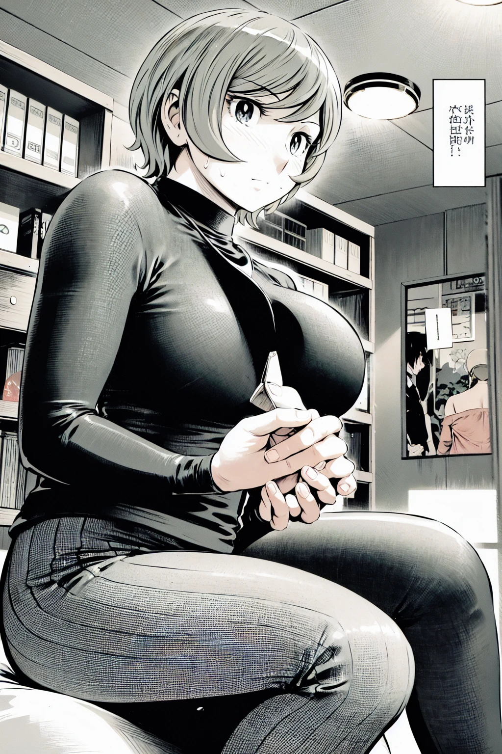 、(masterpiece、Highest quality)、Highest quality, Ultra-high resolution, (((masterpiece))), alone, Sweat、Big eyes,office、Tight white dress shirt、Tight black suit、Tight black pants、indoor、Composition from the front、（Cut the back hair short、short hair、blonde、woman）、Shortcuts、Embarrassed face、Cut your hair short、可愛いwomanの子、Big Breasts、Face to face、Composition from the front、View your viewers