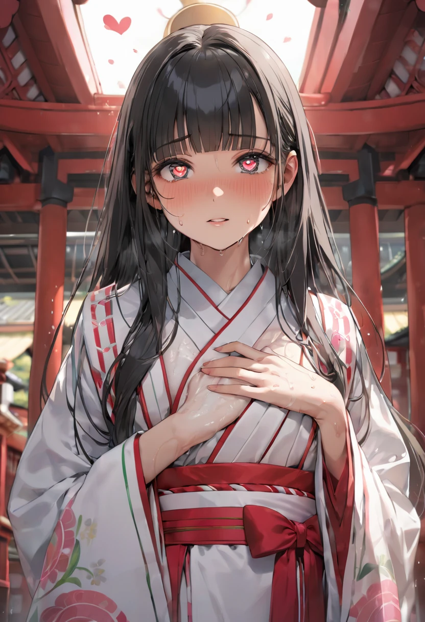 (sweaty skin) (standing, in the Fukuoka hakata city), (pov close up face) solo:2, 15 yo, ((blunt bangs)) (black hair long hair panic:1.4 shrine maiden girl), (((heart shaped pupils gray eyes))), hand put on own chest, in a shrine maiden clothes, BREAK, perfect anatomy, masterpiece, best quality, 16k, beautiful detailed grow, daydreaming expression.