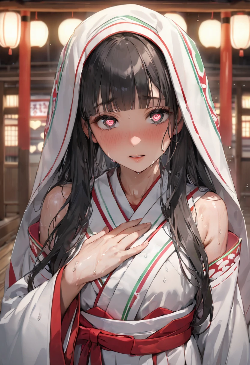 (sweaty skin) (standing, in the Fukuoka hakata city), (pov close up face) solo:2, 15 yo, ((blunt bangs)) (black hair long hair panic:1.4 shrine maiden girl), (((heart shaped pupils gray eyes))), hand put on own , in a shrine maiden clothes, BREAK, perfect , masterpiece, best quality, 16k, beautiful detailed grow, daydreaming expression.