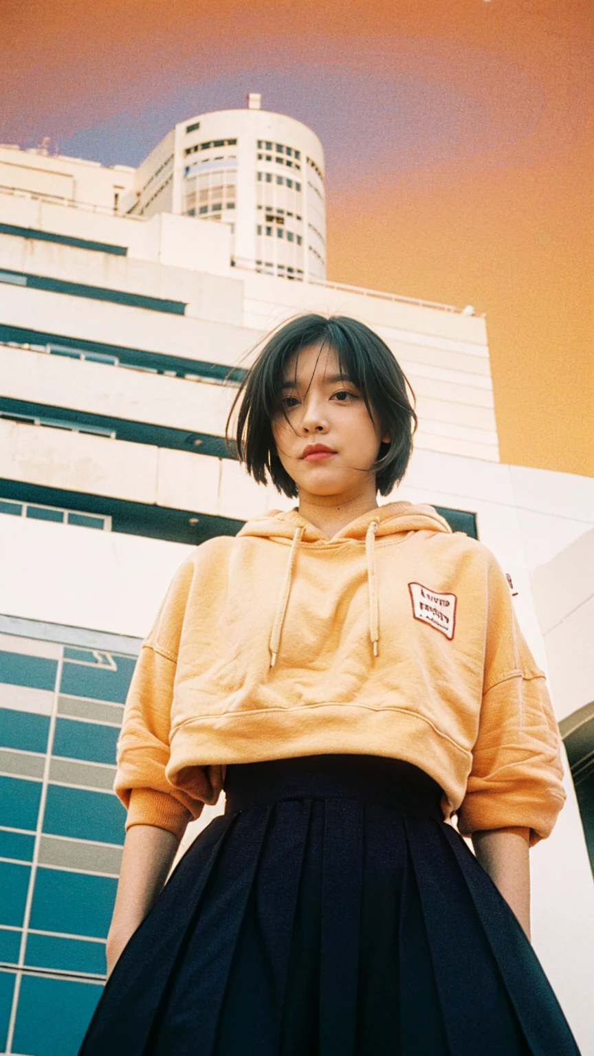 Best Quality,Masterpiece,Ultra High Resolution,(Realisticity:1.4),Original Photo, 1Girl,1 girl, wear ((orange color oversized hoodie)), (purple tennis skirt), light leak,dark intens shadow,ultra high resolution,UHD,beautiful, black bob hair, almond eye, no makeup, in front of 80's architecture colorful motel, (from below:1.2), (realistic:1.2), (surreal:1.3), (very detailed:1.1), ((masterpiece)),summer, blue sky, (palm trees),sunny, los angles vibes,thick outline. blurry photo. color slide film. 1958