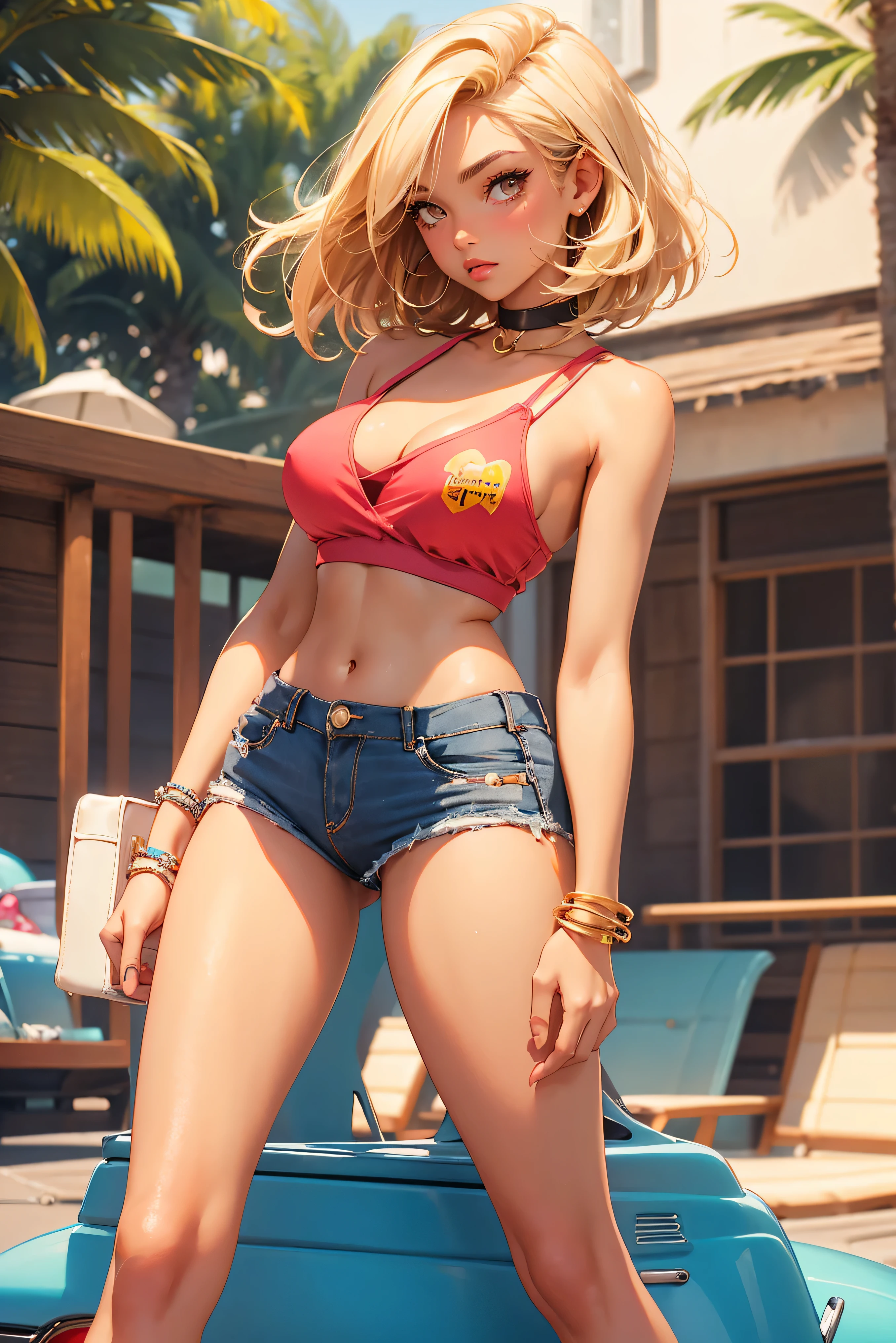 age girl-model 18 years old, beautiful, too much tanned, blonde, bob hair, bangs, brown eyes, beautiful figure, girl wearing crop shirt and too short mini shorts, beautiful long legs, slave bracelets, slave choker, manicure, cute makeup, sweaty armpits, flirtatiously posing, hot summer, hot flirty, sexysing, summer outfit, top quality, higest quality, pin-up style, retro 80s style, Daisy Dukes style, Miami vibes, Californian