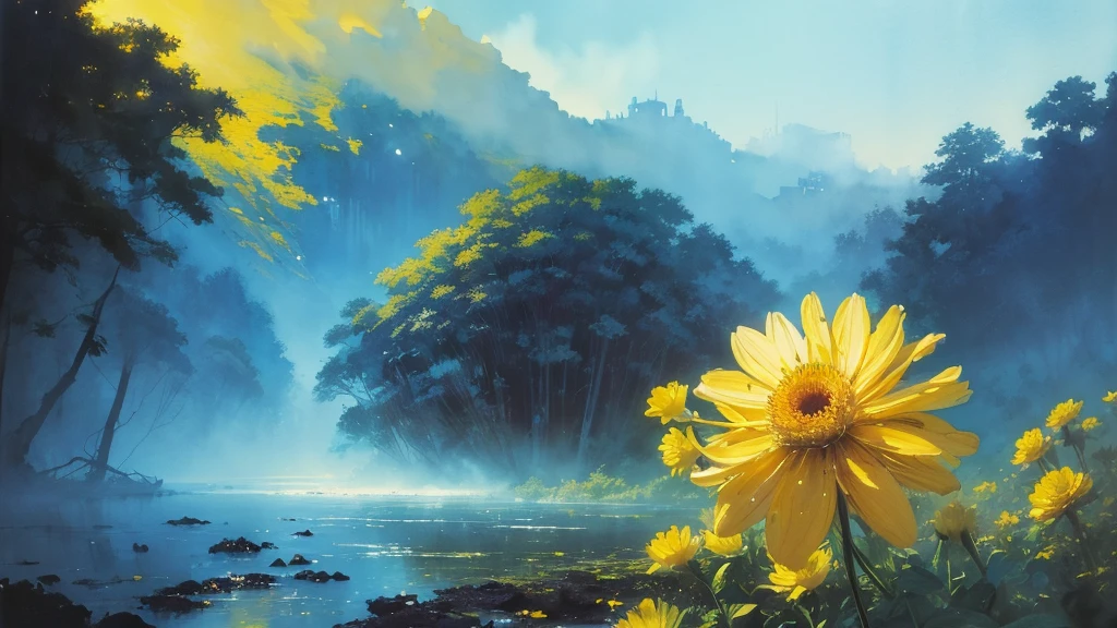 32k, Masterpiece, Highest quality, One girl, Brown Hair, Detailed eyes, flower,Dahlia, Light blue and yellow style,A dreamy, romantic piece,Pale yellow, Mysterious Leaves,A playful arrangement,Fantasy,High Contrast,Ink strokes,explosion,Exposure, Impression of light blue and yellow tones,Abstract,((Watercolours by John Berkey and Jeremy Mann )) Brush strokes,Negative Space, Tyndall effect,