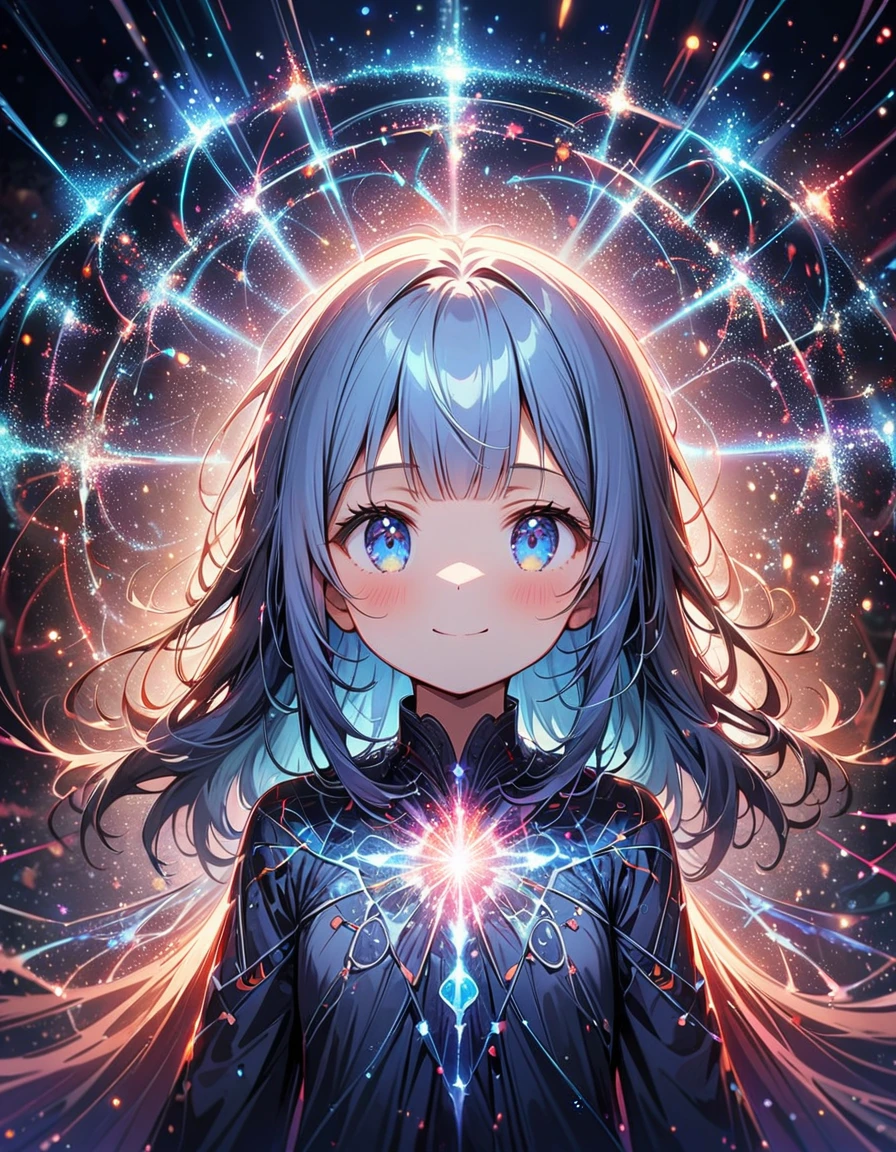 masterpiece, best quality, extremely detailed, (illustration, official art:1.1), 1 girl ,(((( light blue long hair)))),pale blue hair,****, long hair ((blush)) , cute face, big eyes, masterpiece, best quality,(((((a very delicate and beautiful girl))))),Amazing,beautiful detailed eyes,blunt bangs((((little delicate girl)))),tareme(true beautiful:1.2), sense of depth,dynamic angle,,,, affectionate smile, (true beautiful:1.2),,(tiny 1girl model:1.2),)(flat chest)、In an atmospheric and ethereal portrait, a paranormal luminescent neural network takes center stage. Image, amazingly detailed photo, reflects the interaction of mystical glow and advanced technology. Neural network floats in limbo, her circuits pulsate with an otherworldly light, as if there was a sentient being living inside. Threads of red-hot energy intertwine, creating a mesmerizing glow, which illuminates the environment. Flawless image quality clearly reveals complex network structure, inviting viewers to ponder the mysterious secrets, which it stores.
