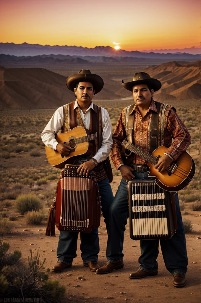 a cover for a Mexican music album with a vintage design of a ranchero duo, with their instruments, one with accordion and the other with guitar. looking at the sunset ,to the horizon, in a desert ,with a title that says the northerners of Villarica
