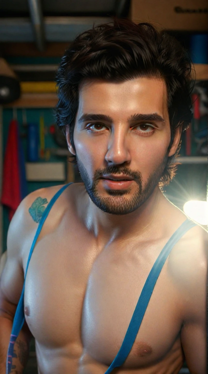 josh zuckerman a man in a garage in underwear, bulge, ((masterpiece)), ((best quality:1.2)), high resolution, 8k, (ultra_realistic:1.3), (photorealistic:1.4), (absurdres), sharp focus, highly detailed, professional lighting, photography, hdr, depth of field, film grain, 35mm, dslr shot, global illumination,