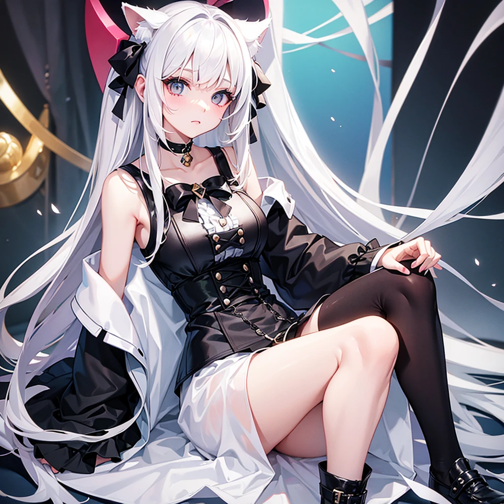 Lolita prostitute，Royal Sister，afloat，flying petal，Floating hair，White complexion、Sharply defined、Slender eyebrows、Deep eyes，Black slim-fit long-sleeved shirt、Black Lolita、high-waist、obi strip、black over-the-knee socks、Silver-toned earrings，lace legwear、tigh-high boots、trinkets、hair adornments、neck chain、Bracelet，Falling streamers and debris，mystical ambiance。Masterpiece, Best quality, Refined face，ssmile, 8K, A high resolution, Super resolution,absurderes, A high resolution, Ultra detailed, elegant flourishes, and a sense of craftsmanship and skill,