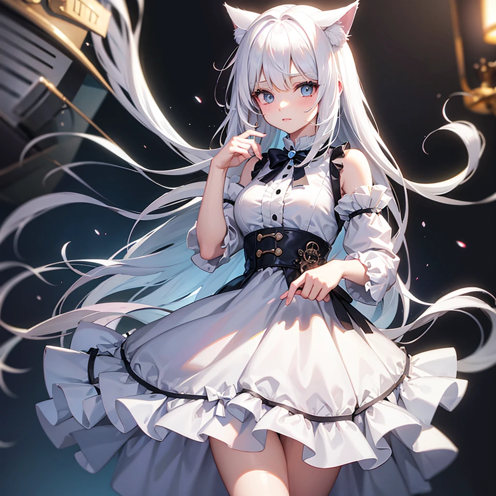 White haired girl has cat horns, in cute clothes